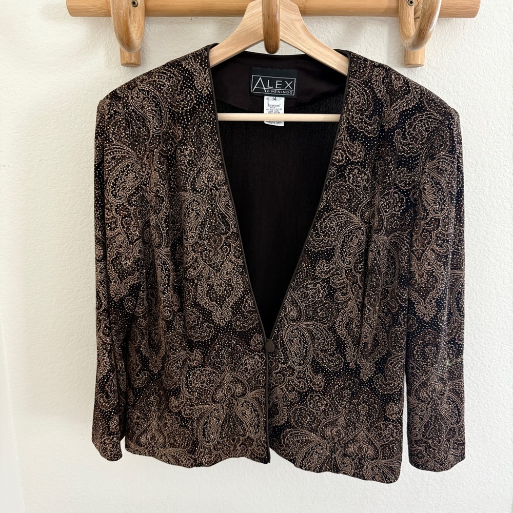 Vintage 90s ALEX EVENINGS Glitter brown shoulder pad jacket size 14 made in usa